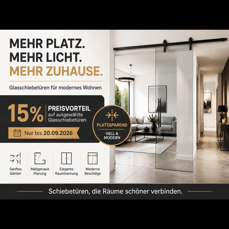 15% Rabatt auf Glasschiebetür 15% Rabatt auf Glasschiebetür